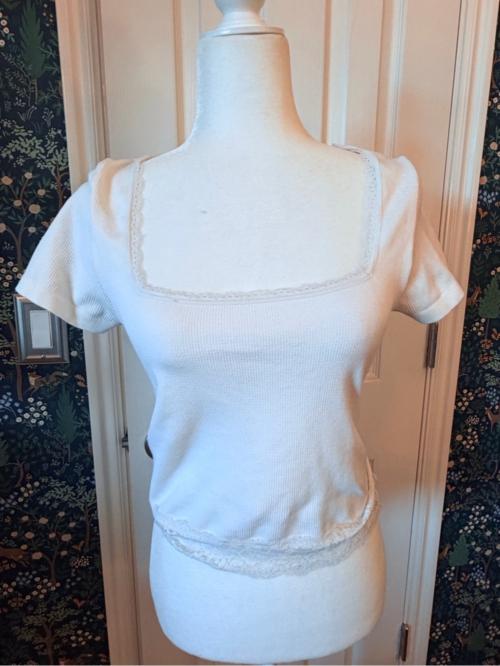 Planet Gold White Square Neck Short Sleeve Tee with Lace Trim